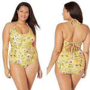 NWT! Lucky Brand Cruisin Coronado One Piece Halter Swimsuit in Yellow Floral. 2X